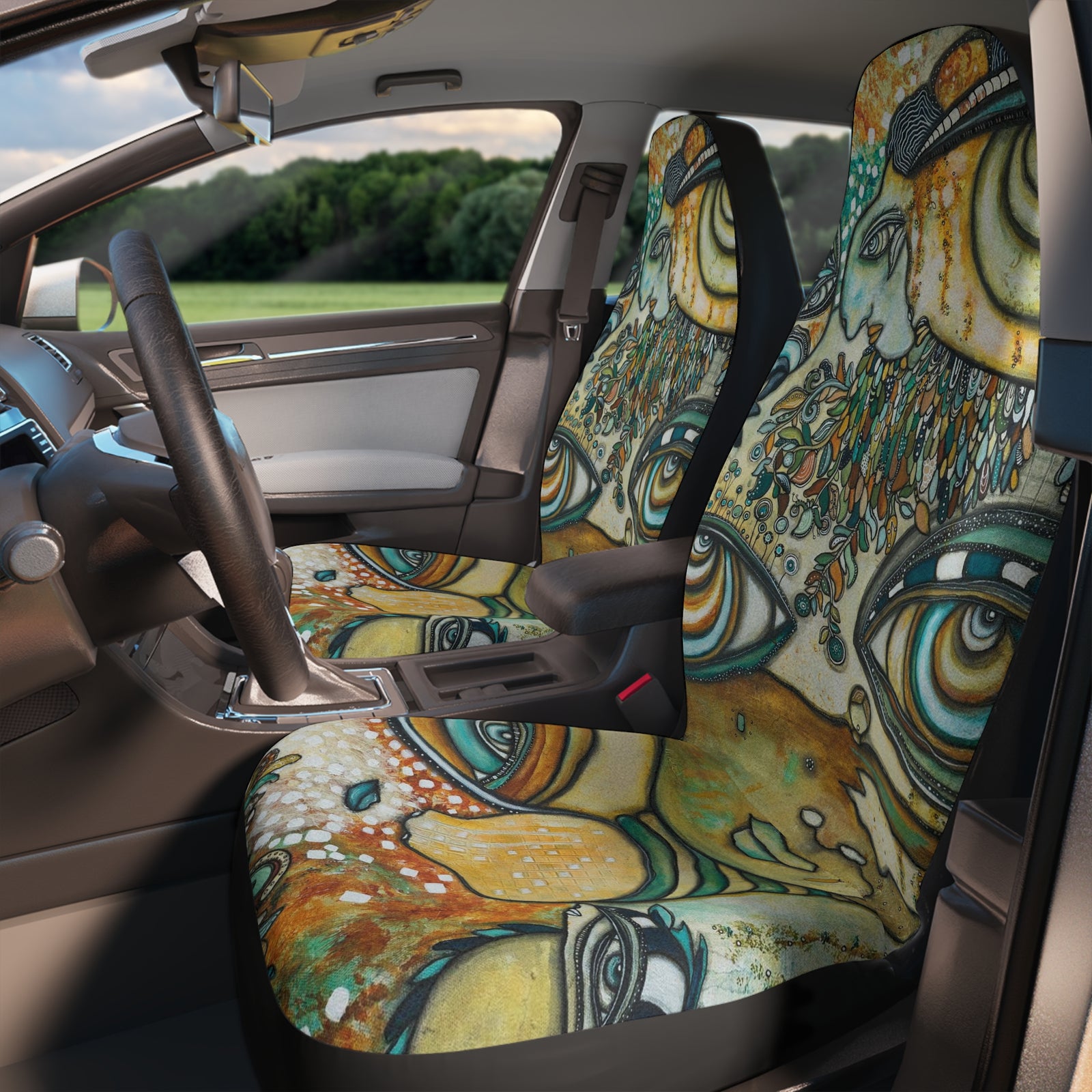 "Love Bird Garden" Original Art Hippie Car Seat Covers Big Eyes Face on Car SUV Vehicle Seat Covers