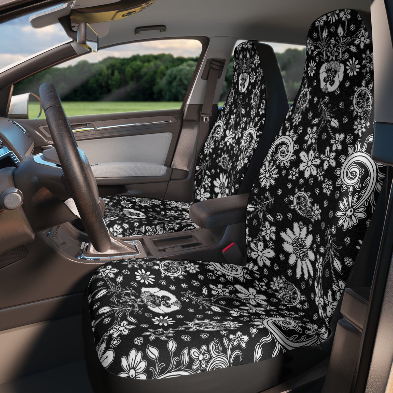 Floral Black and White Car Seat Covers Boho Hippie Vibes "Birds of a Flower"