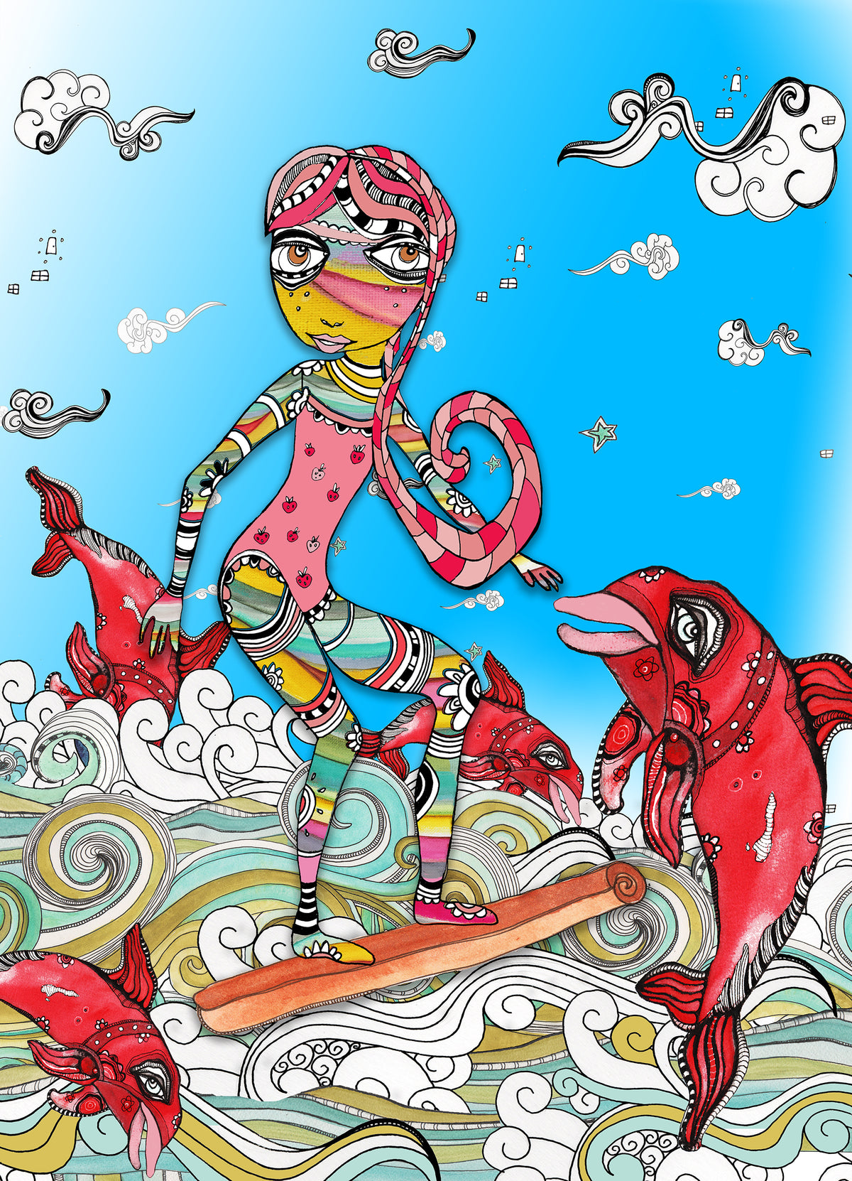 Whimsical Wood Slat Tapestry "Surf on a Cinnamon Stick"