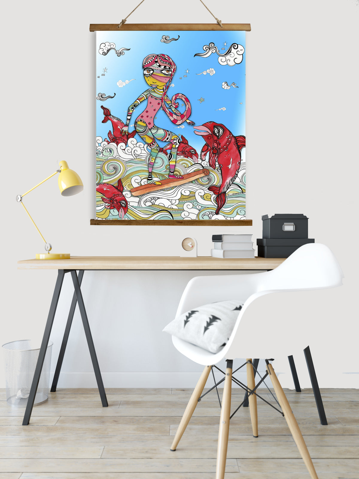 Whimsical Wood Slat Tapestry "Surf on a Cinnamon Stick"